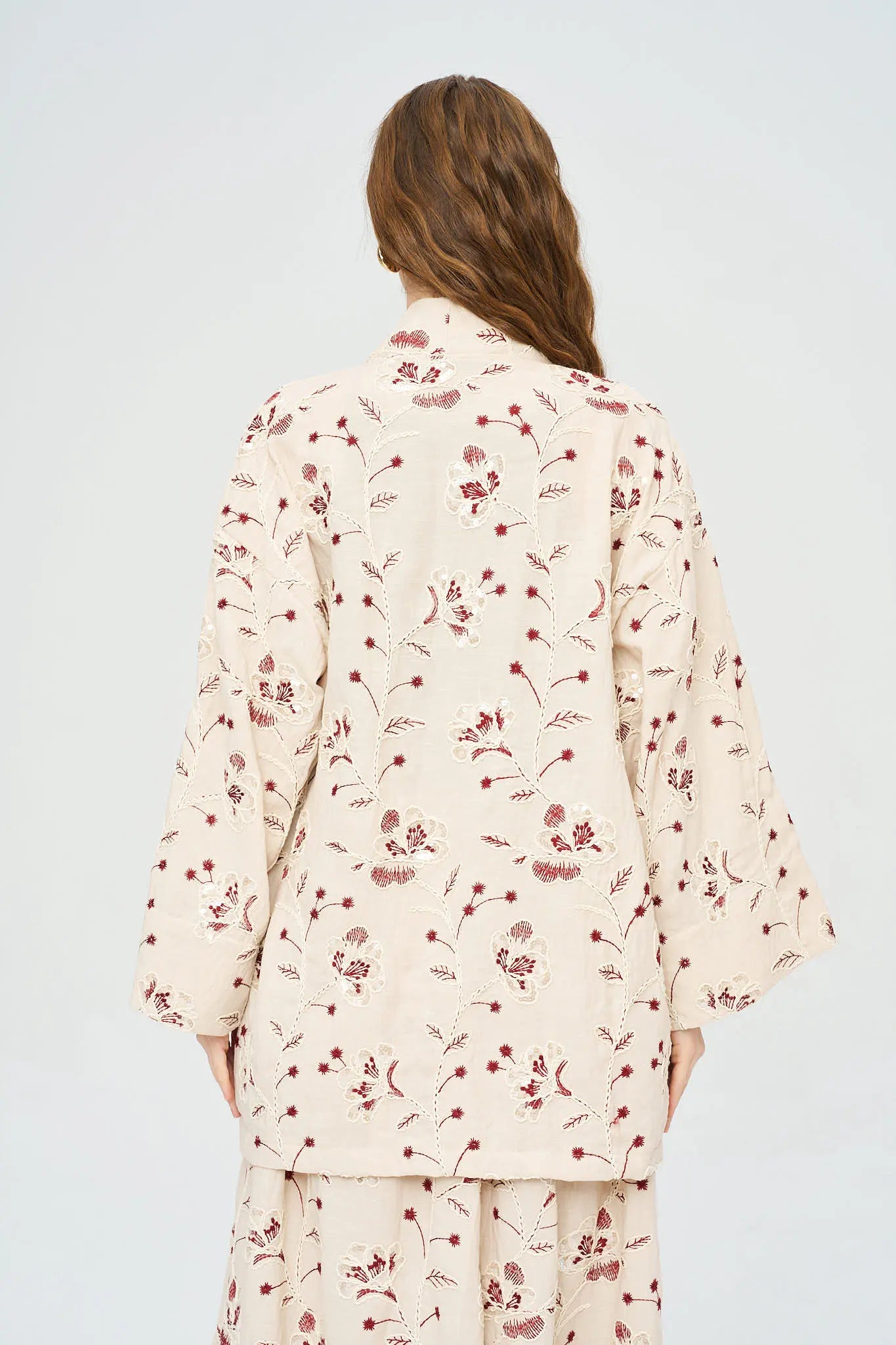 Çiçek Nakışlı ve Pullu Kimono - Bordo ORFEONEGRO