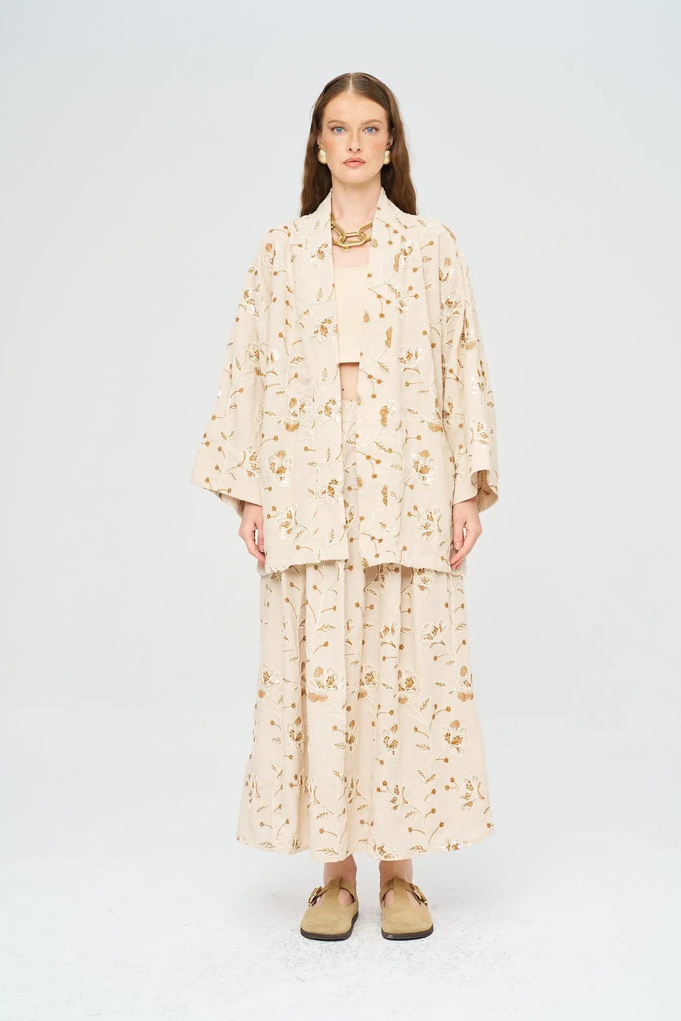 Çiçek Nakışlı ve Pullu Kimono - Kahve ORFEONEGRO