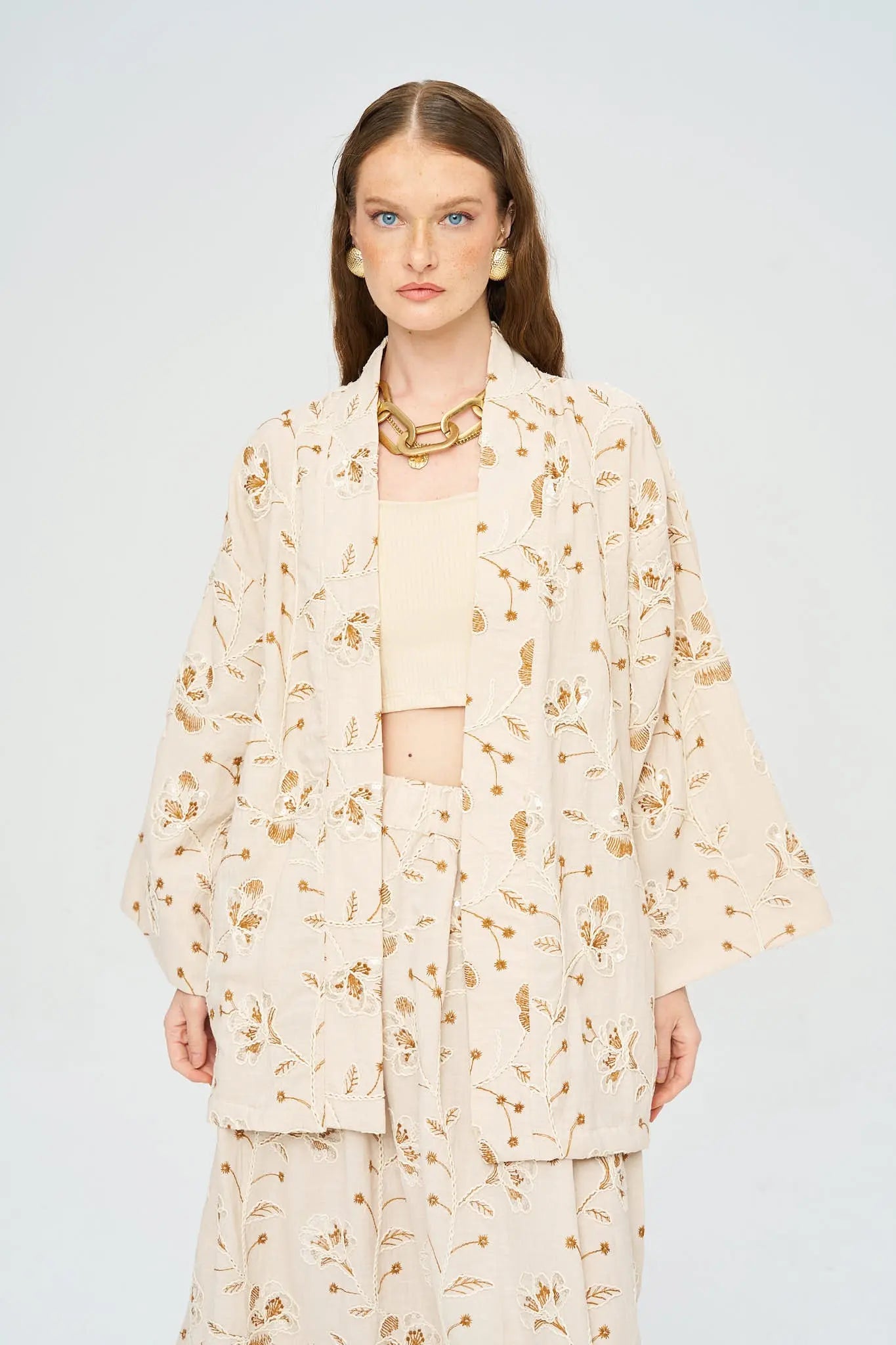 Çiçek Nakışlı ve Pullu Kimono - Kahve ORFEONEGRO