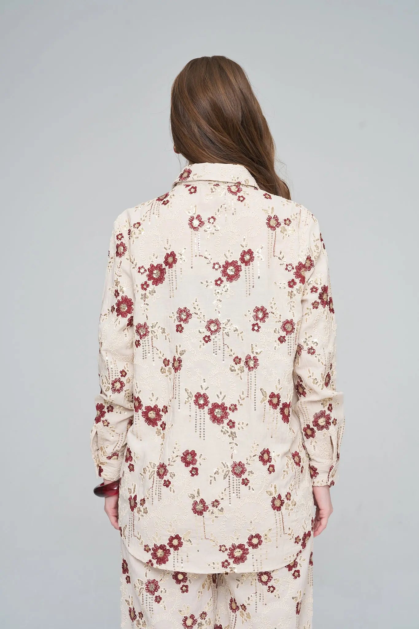 Oversize Nakışlı ve Payetli Tasarım Gömlek Bordo ORFEONEGRO