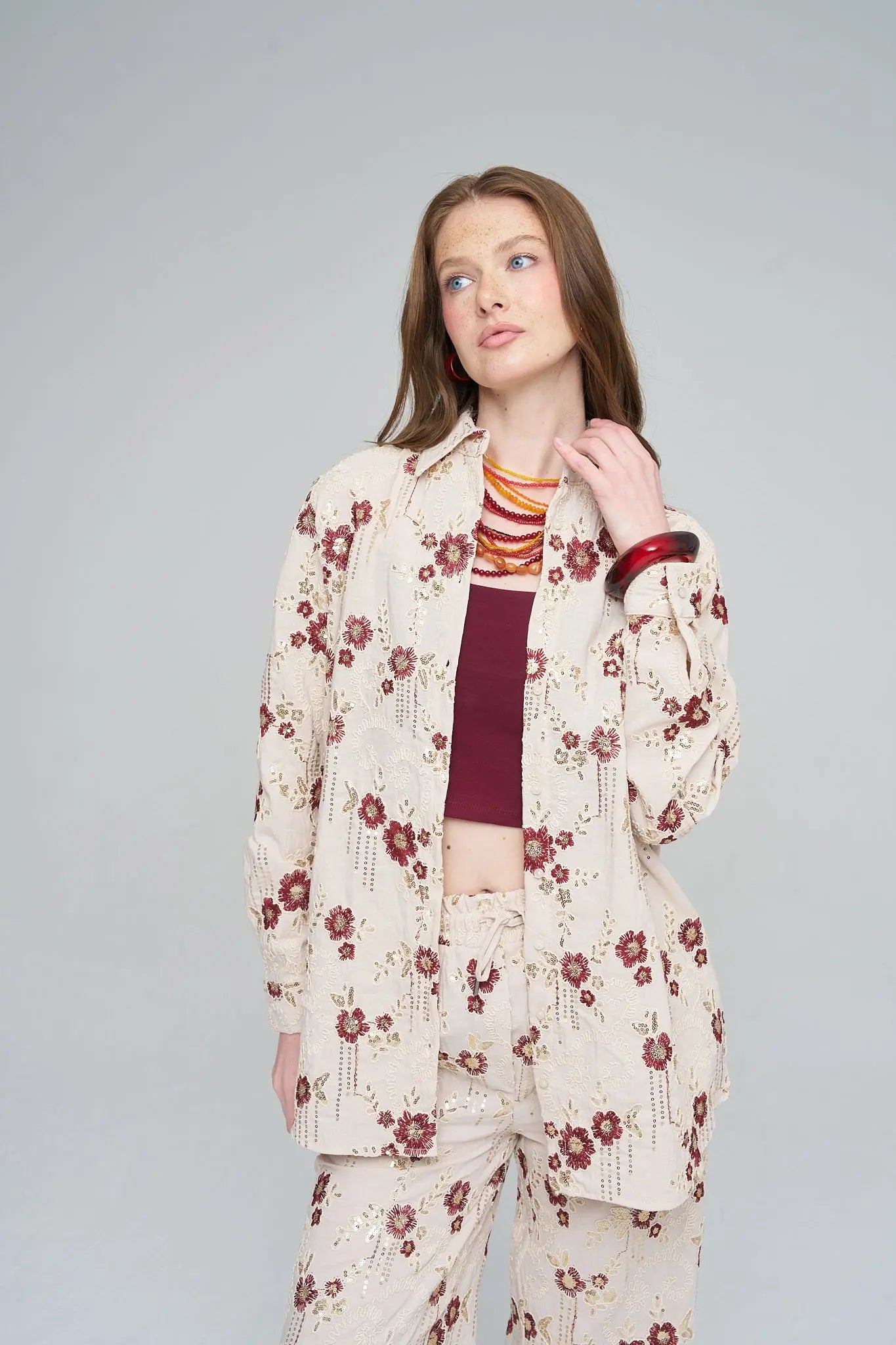 Oversize Nakışlı ve Payetli Tasarım Gömlek Bordo ORFEONEGRO
