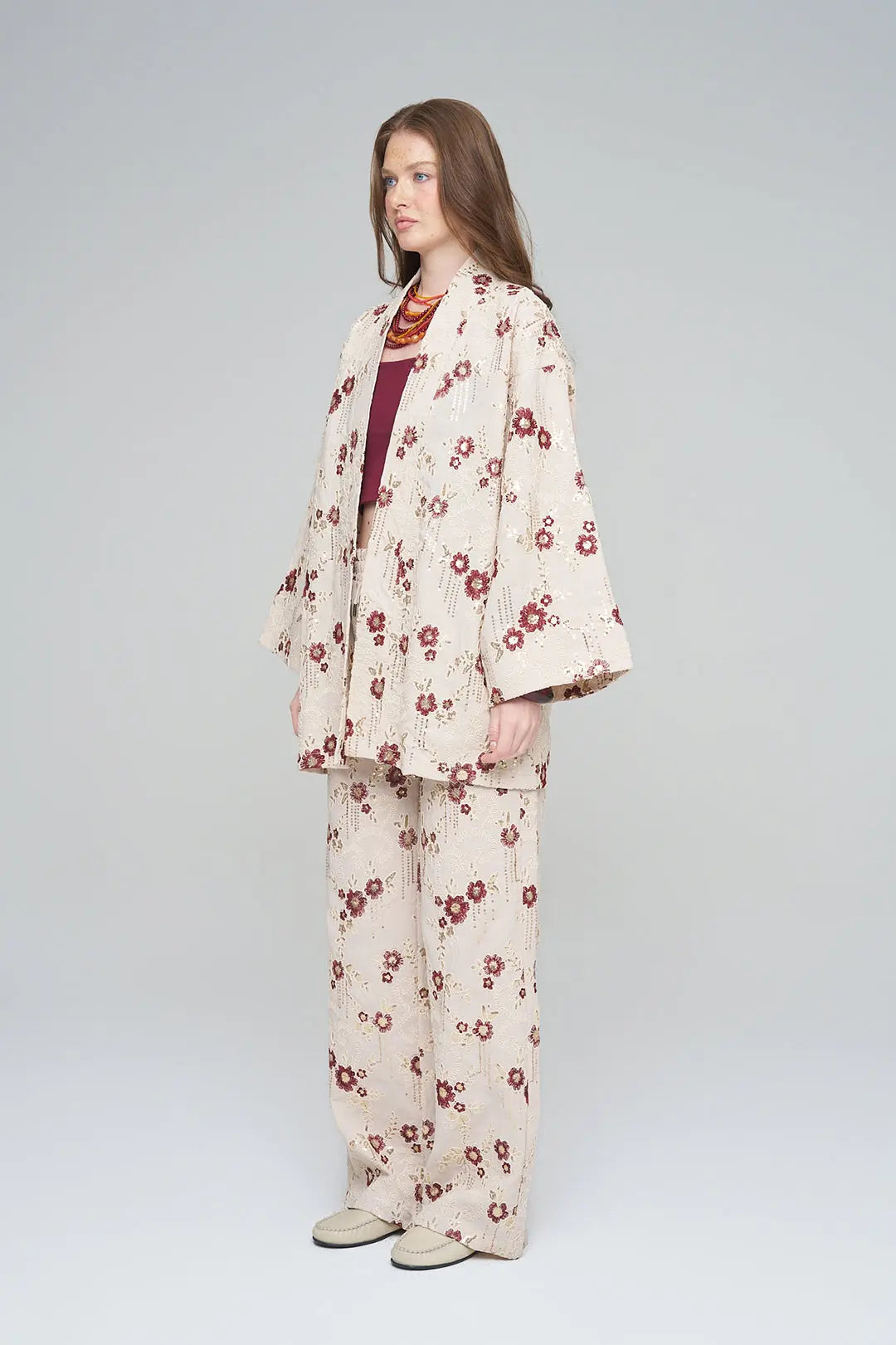 Nakışlı ve Payetli Tasarım Kimono Bordo ORFEONEGRO