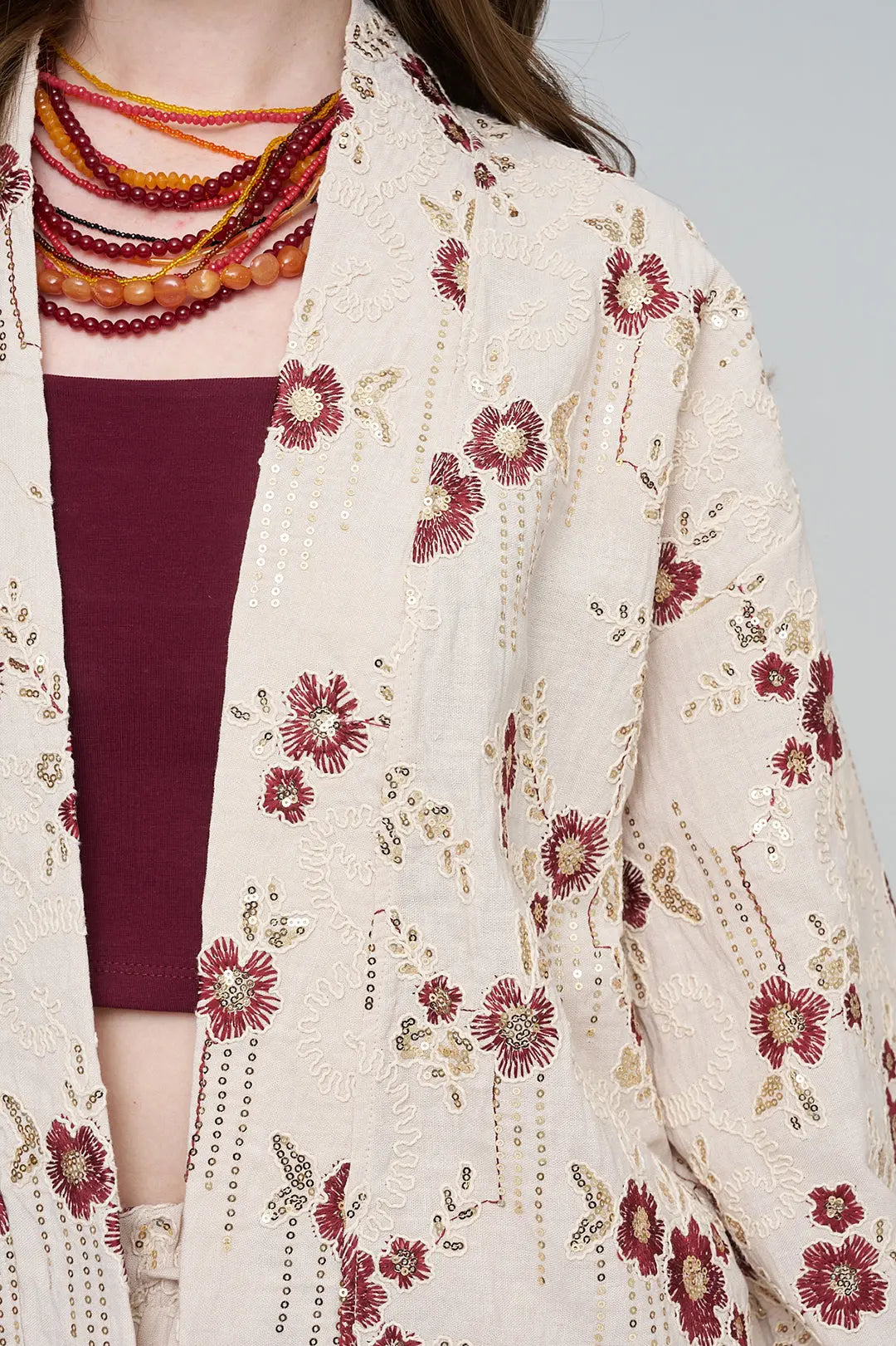 Nakışlı ve Payetli Tasarım Kimono Bordo ORFEONEGRO