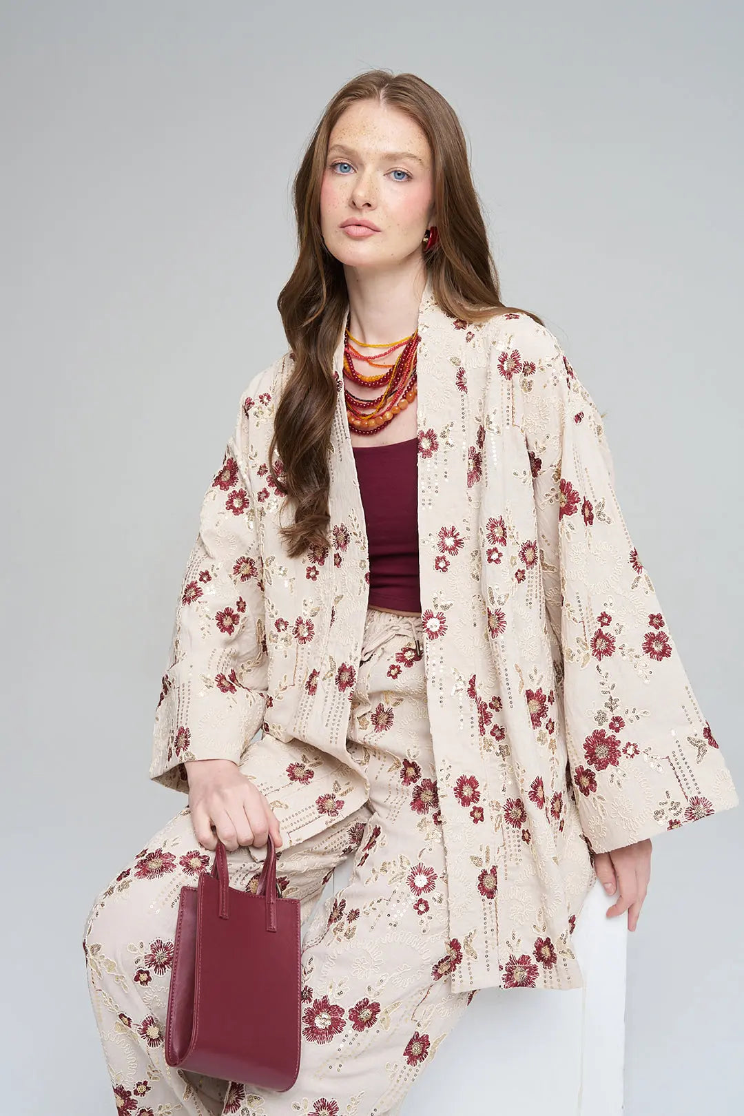 Nakışlı ve Payetli Tasarım Kimono Bordo ORFEONEGRO