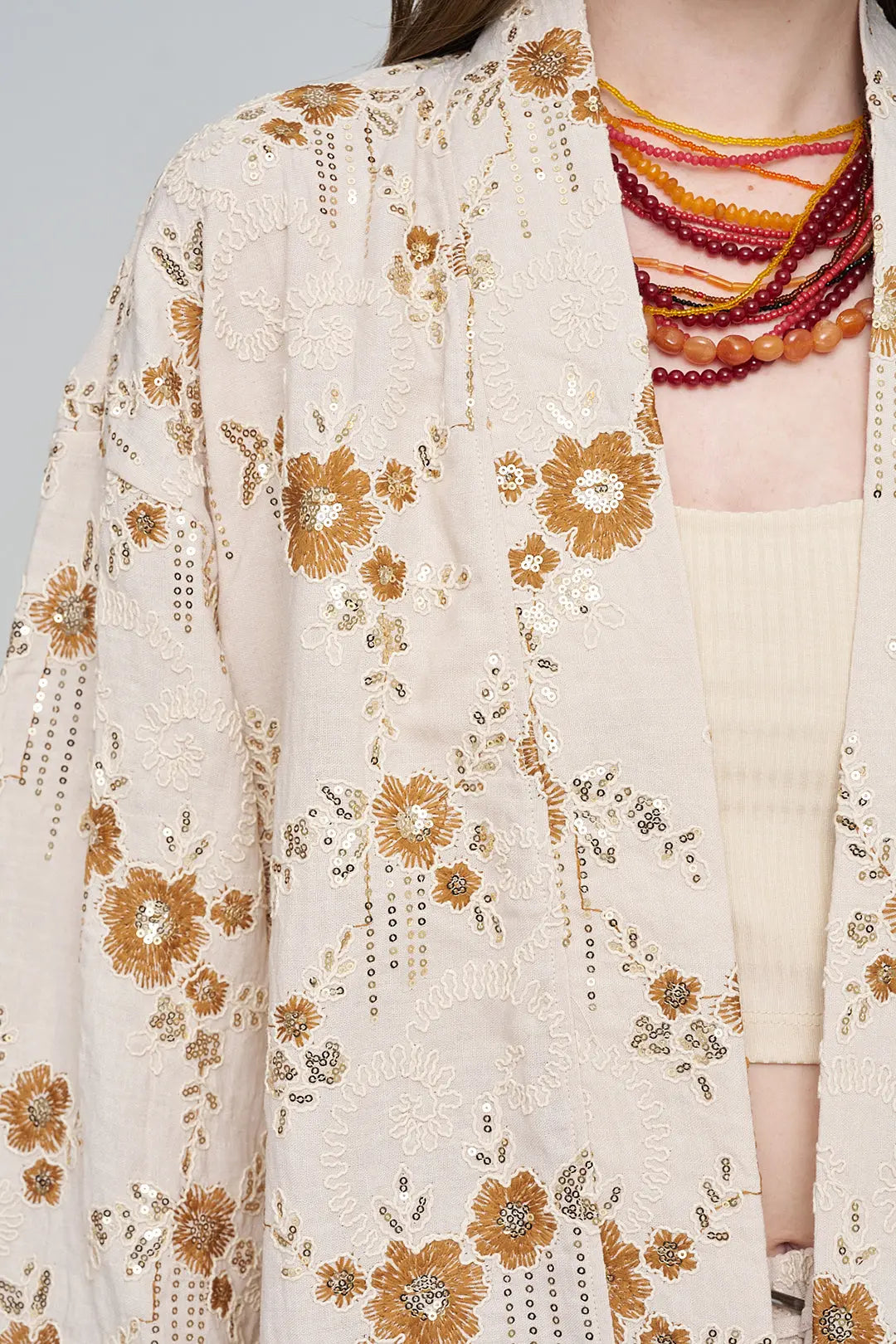 Nakışlı ve Payetli Tasarım Kimono Turuncu ORFEONEGRO