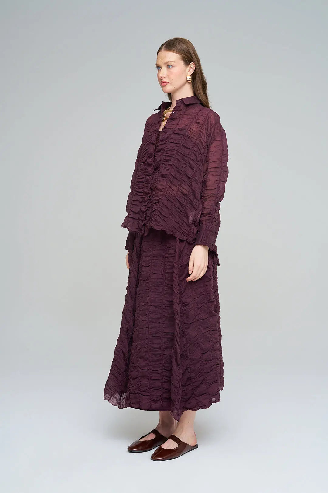 Bubble (Balon) Dokulu Tencel Kadın Gömlek Bordo ORFEONEGRO
