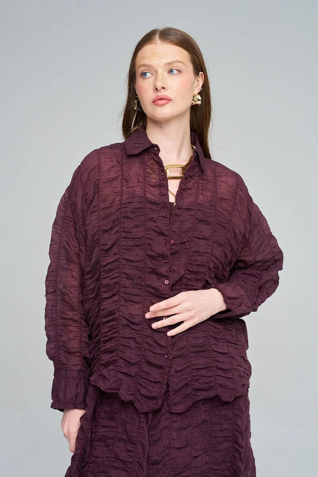 Bubble (Balon) Dokulu Tencel Kadın Gömlek Bordo ORFEONEGRO