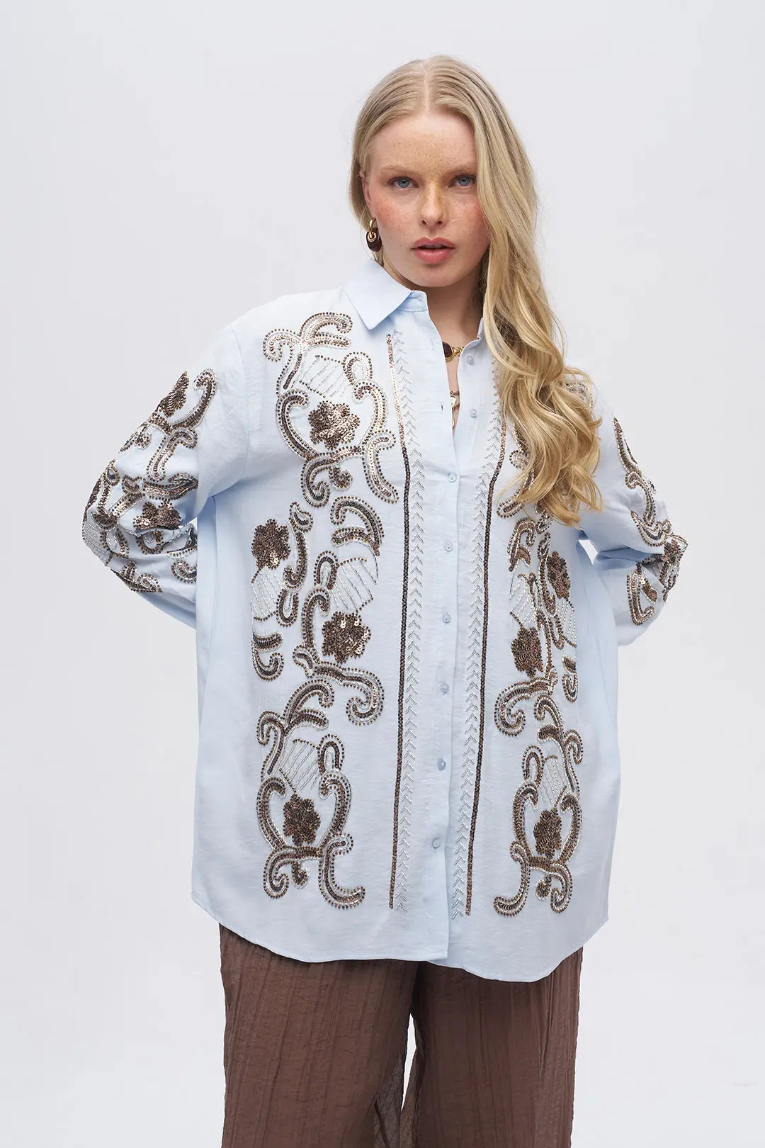 Nakışlı Oversize Gömlek Mavi ORFEONEGRO