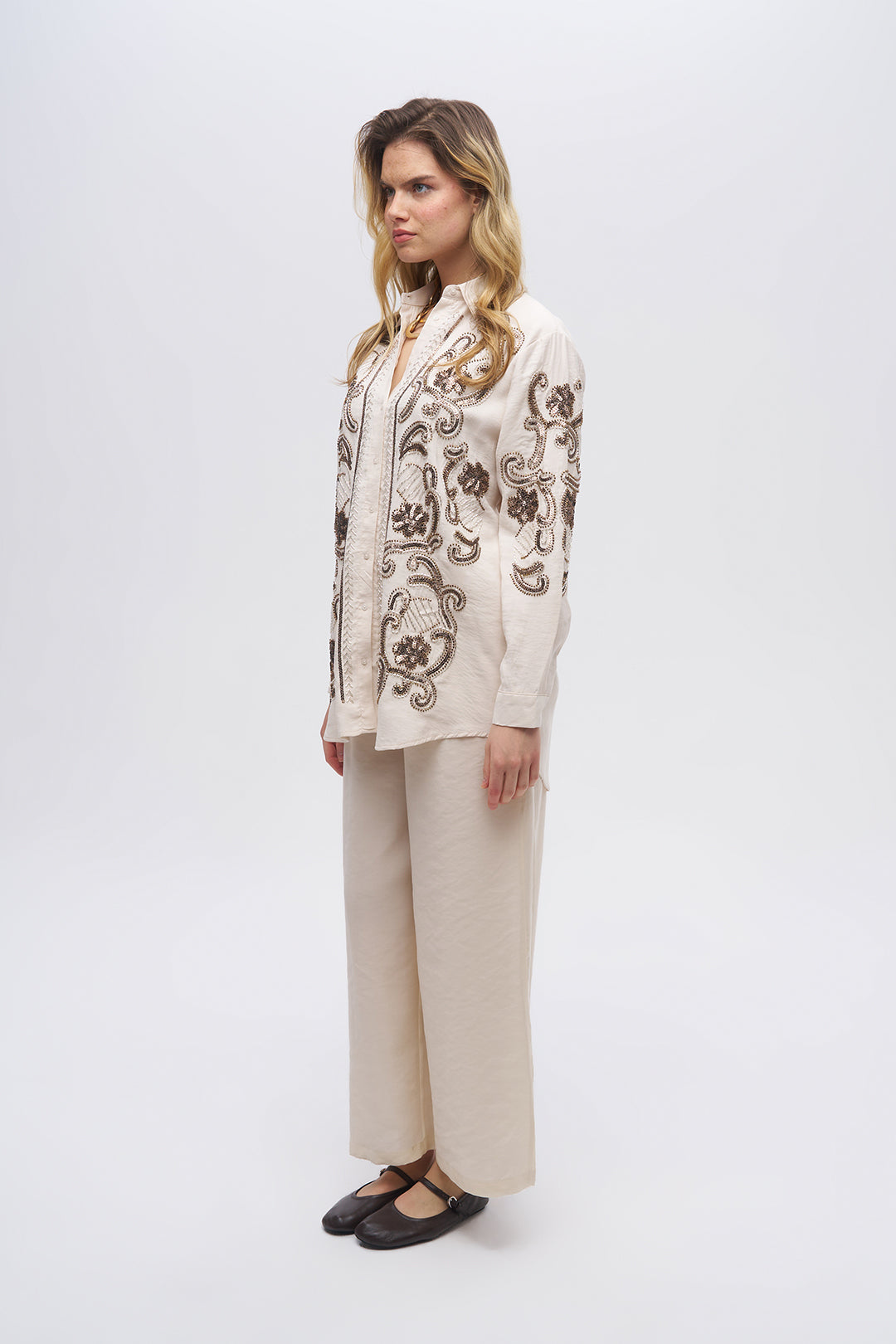 Nakışlı Oversize Gömlek Taş