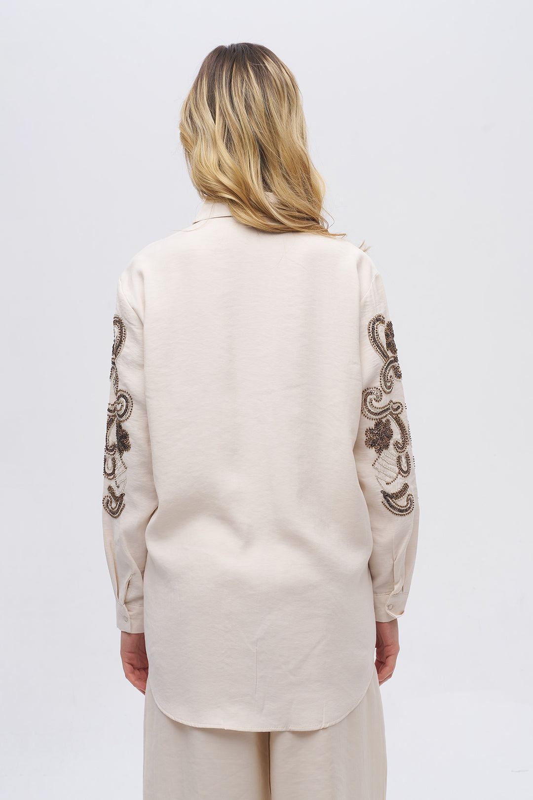 Nakışlı Oversize Gömlek Taş