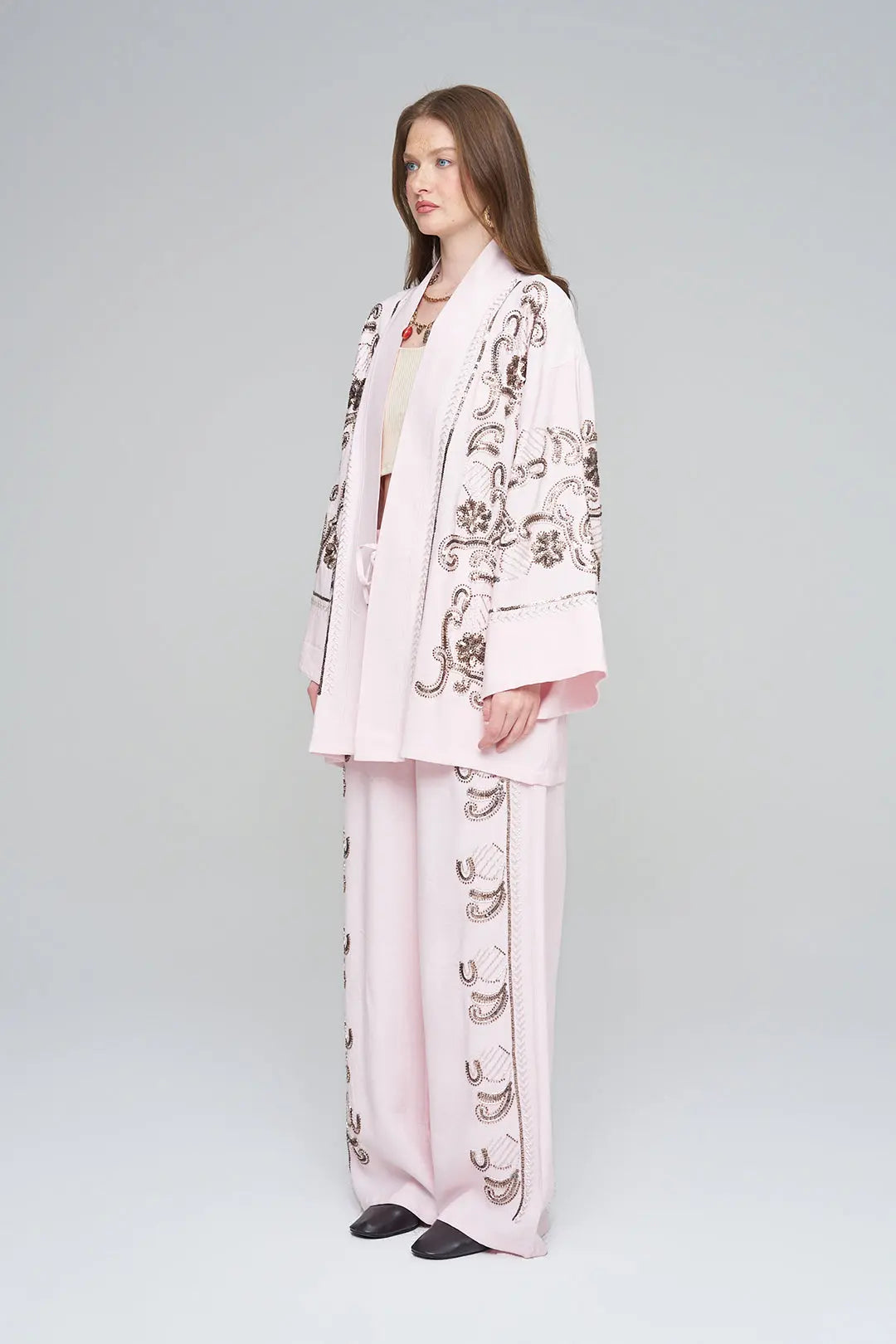 Nakışlı ve Payetli Tasarım Kimono Pudra ORFEONEGRO