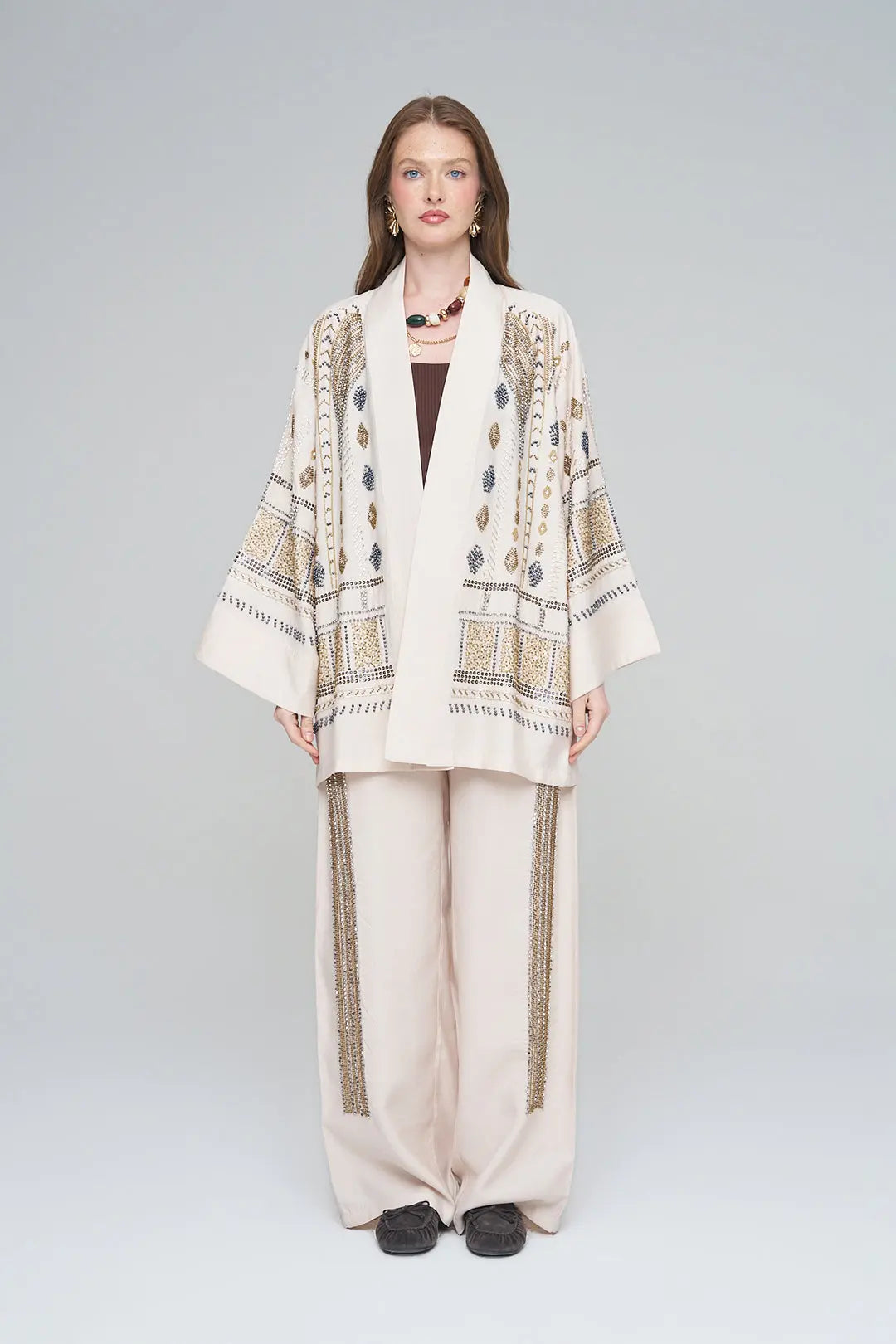 Yoğun Boncuk İşlemeli Oversize Tencel Kimono ORFEONEGRO
