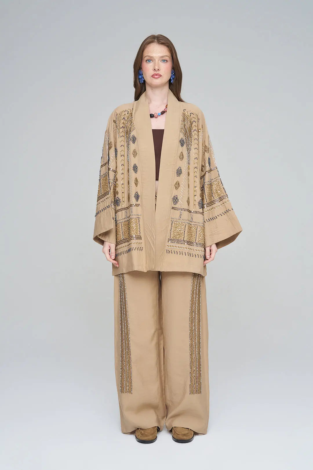 Yoğun Boncuk İşlemeli Oversize Tencel Kimono Karamel ORFEONEGRO