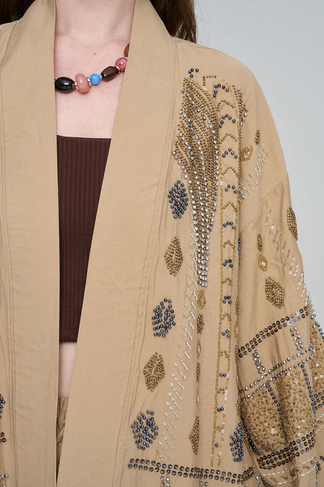 Yoğun Boncuk İşlemeli Oversize Tencel Kimono Karamel ORFEONEGRO