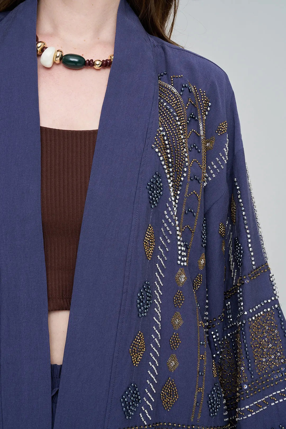 Yoğun Boncuk İşlemeli Oversize Tencel Kimono Laci ORFEONEGRO