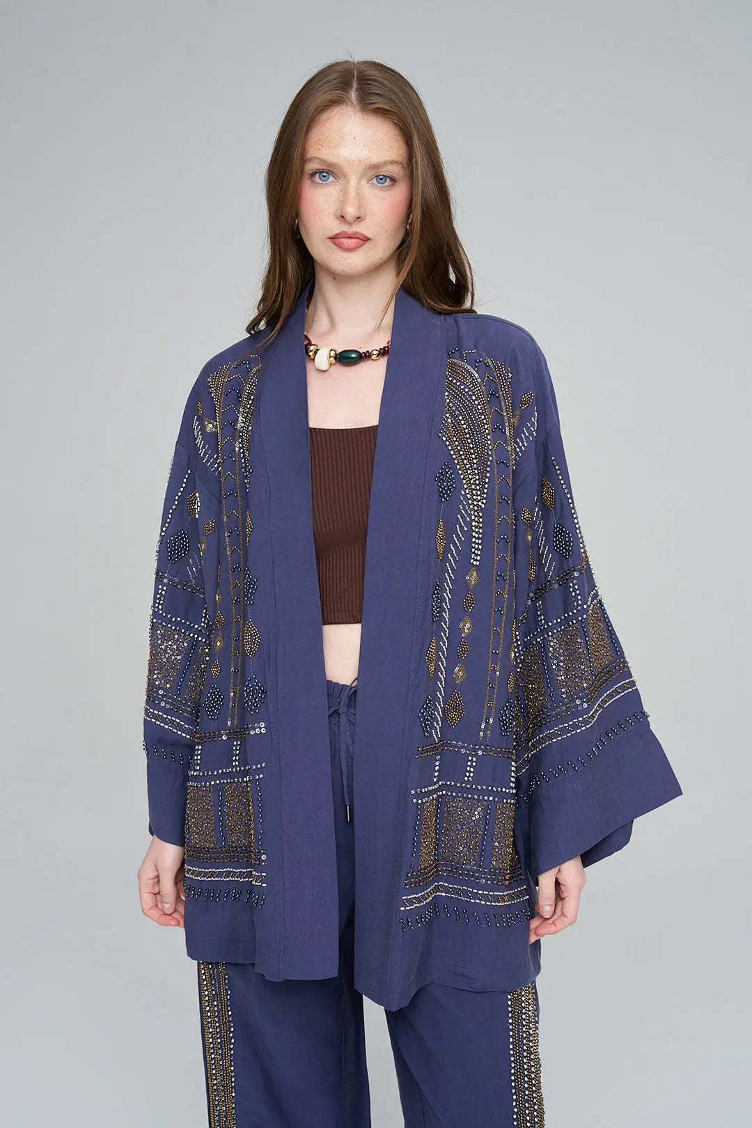 Yoğun Boncuk İşlemeli Oversize Tencel Kimono Laci ORFEONEGRO