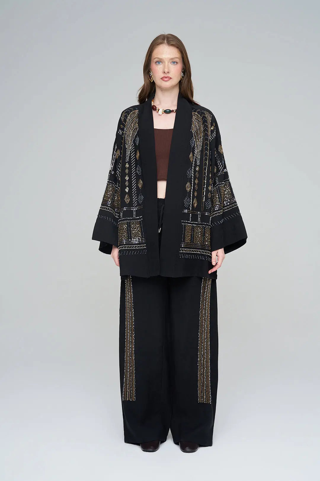 Yoğun Boncuk İşlemeli Oversize Tencel Kimono Siyah ORFEONEGRO