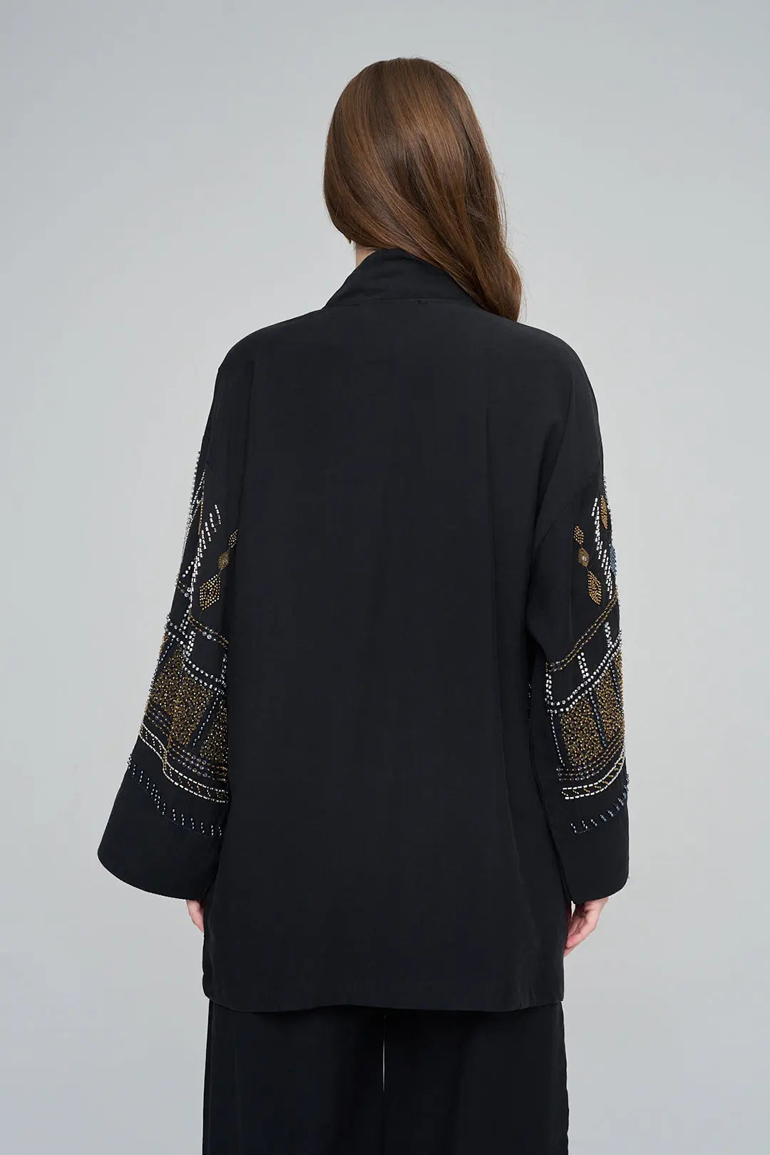 Yoğun Boncuk İşlemeli Oversize Tencel Kimono Siyah ORFEONEGRO