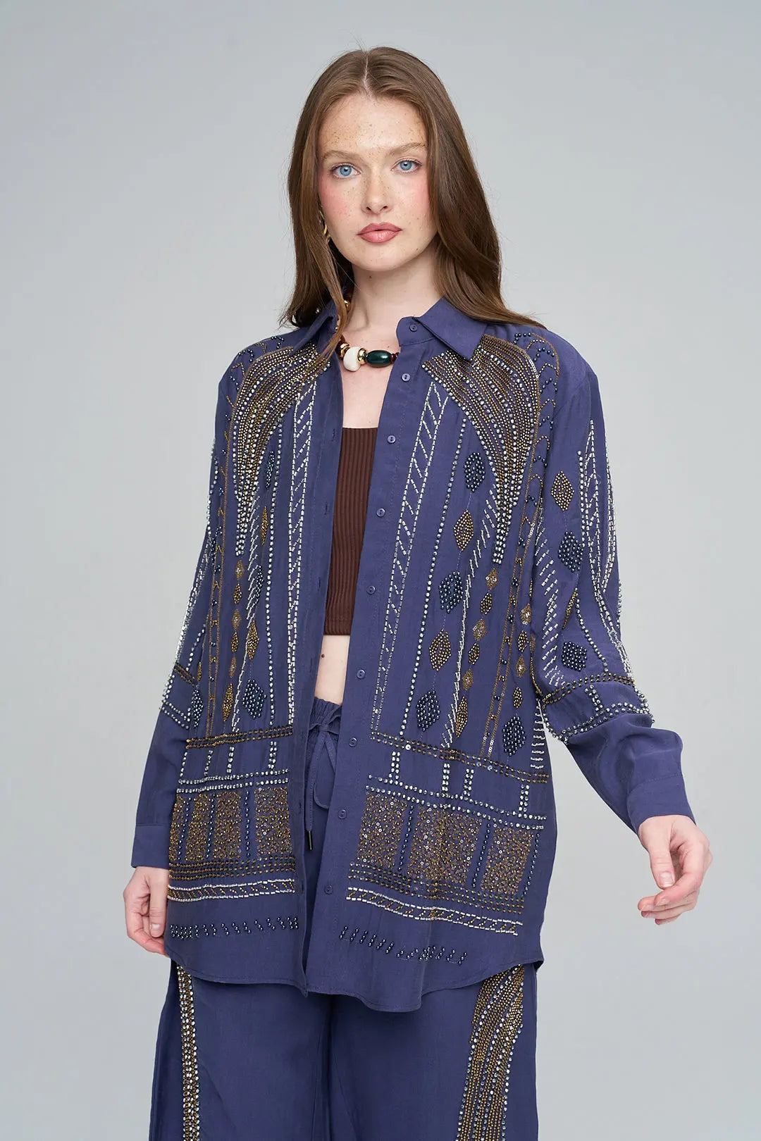 Orfeonegro Yoğun Boncuk İşlemeli Oversize Tencel Gömlek Laci ORFEONEGRO
