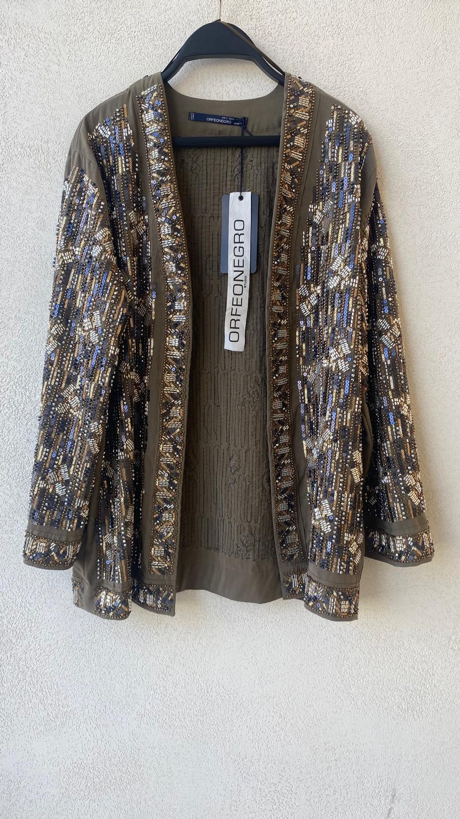 Toptan Payet ve Boncuk İşlemeli Premium Kadın Kimono Haki