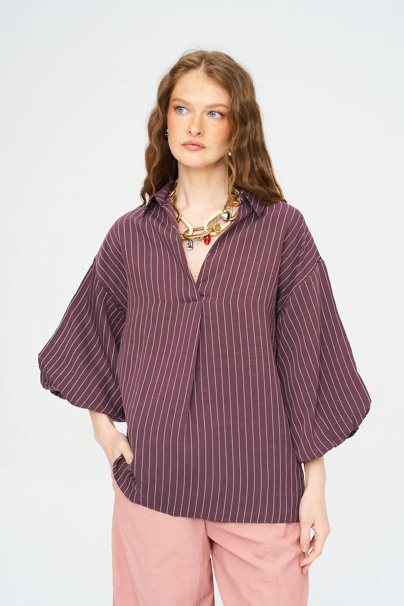 Çizgili Tencel Karışımlı Oversize Gömlek - Bordo ORFEONEGRO
