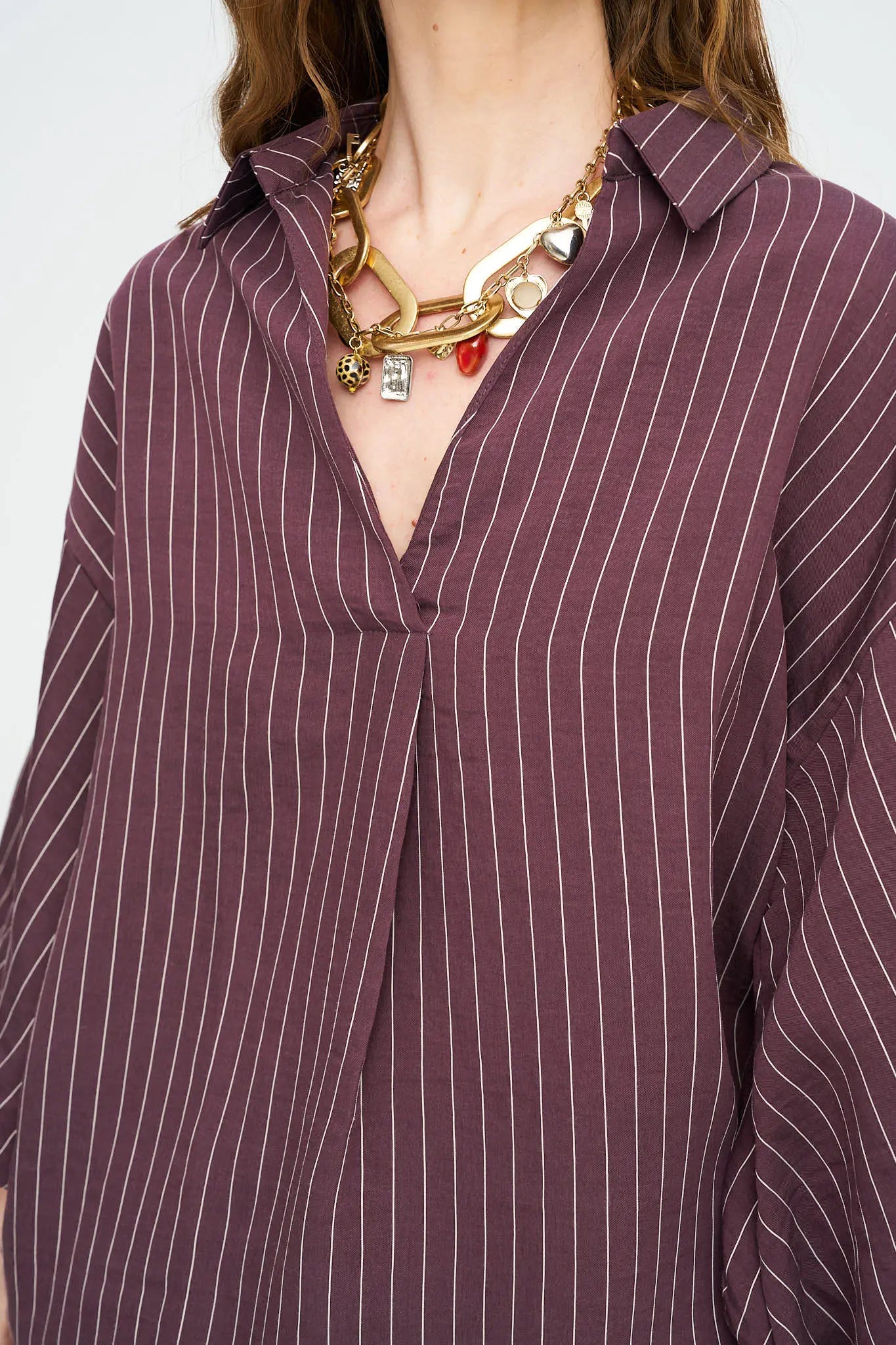 Çizgili Tencel Karışımlı Oversize Gömlek - Bordo ORFEONEGRO