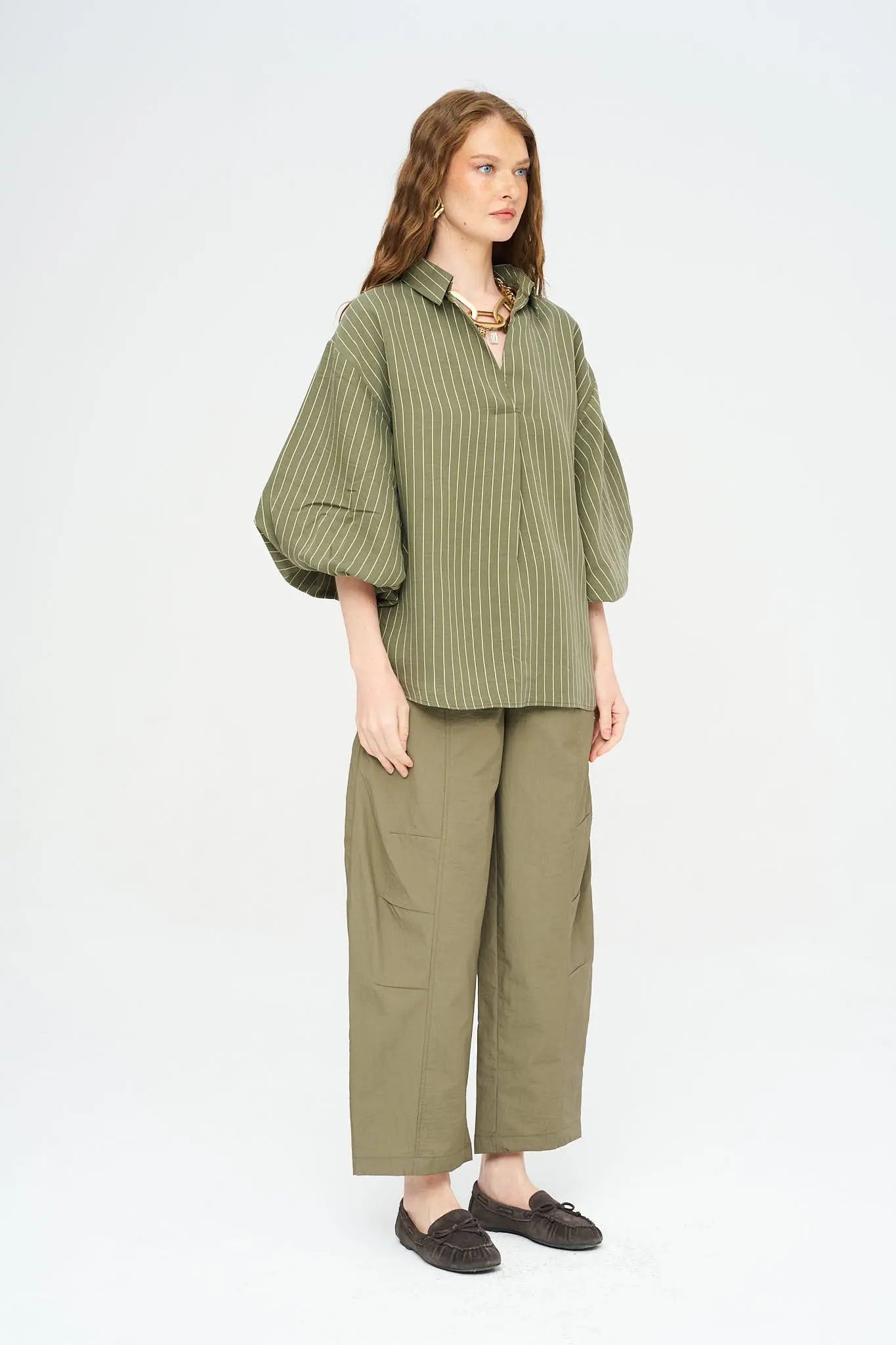 Çizgili Tencel Karışımlı Oversize Gömlek - Haki ORFEONEGRO