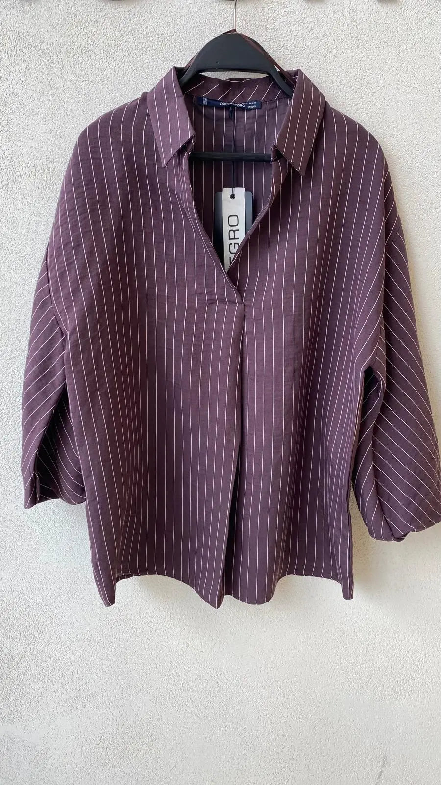 Çizgili Tencel Karışımlı Oversize Gömlek - Bordo ORFEONEGRO