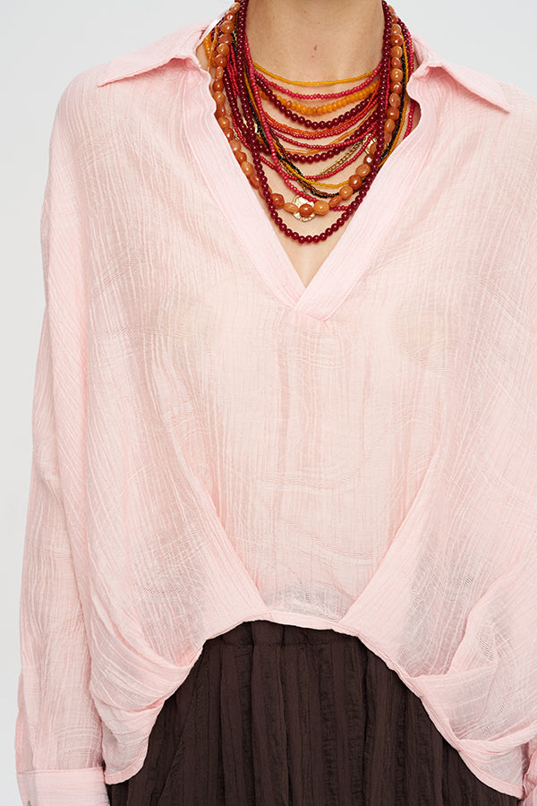 Toptan Asimetrik Kesim Pembe Tencel Kadın Gömlek