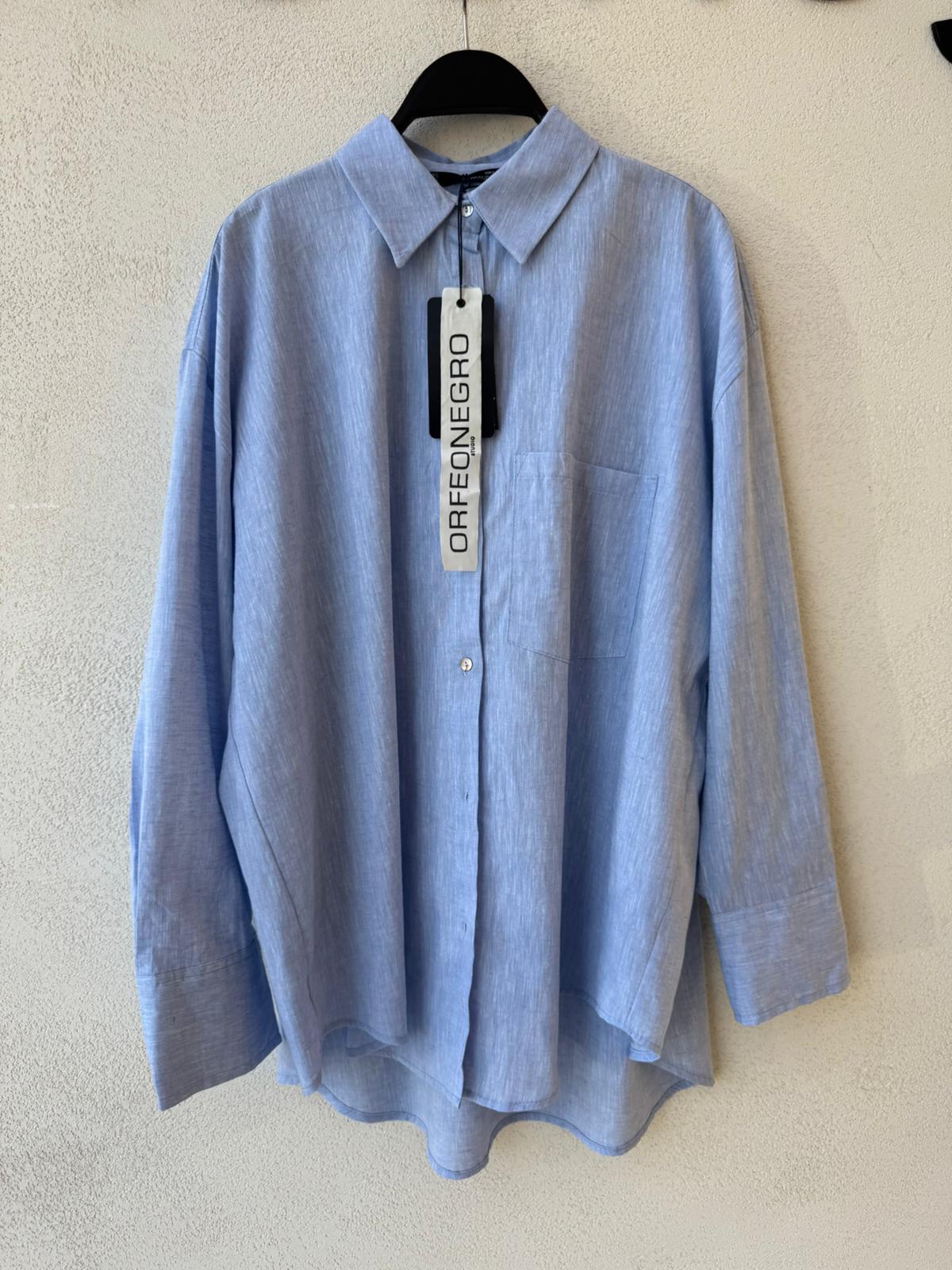 Toptan Keten Mavi Oversize Kadın Gömlek