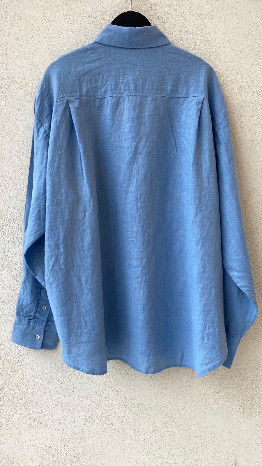 Toptan Oversize Keten Mavi Kadın Gömlek - %100 Keten