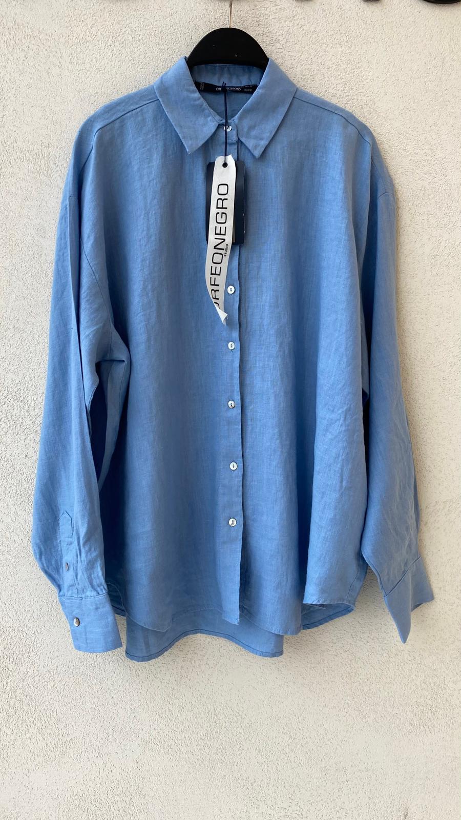 Toptan Oversize Keten Mavi Kadın Gömlek - %100 Keten