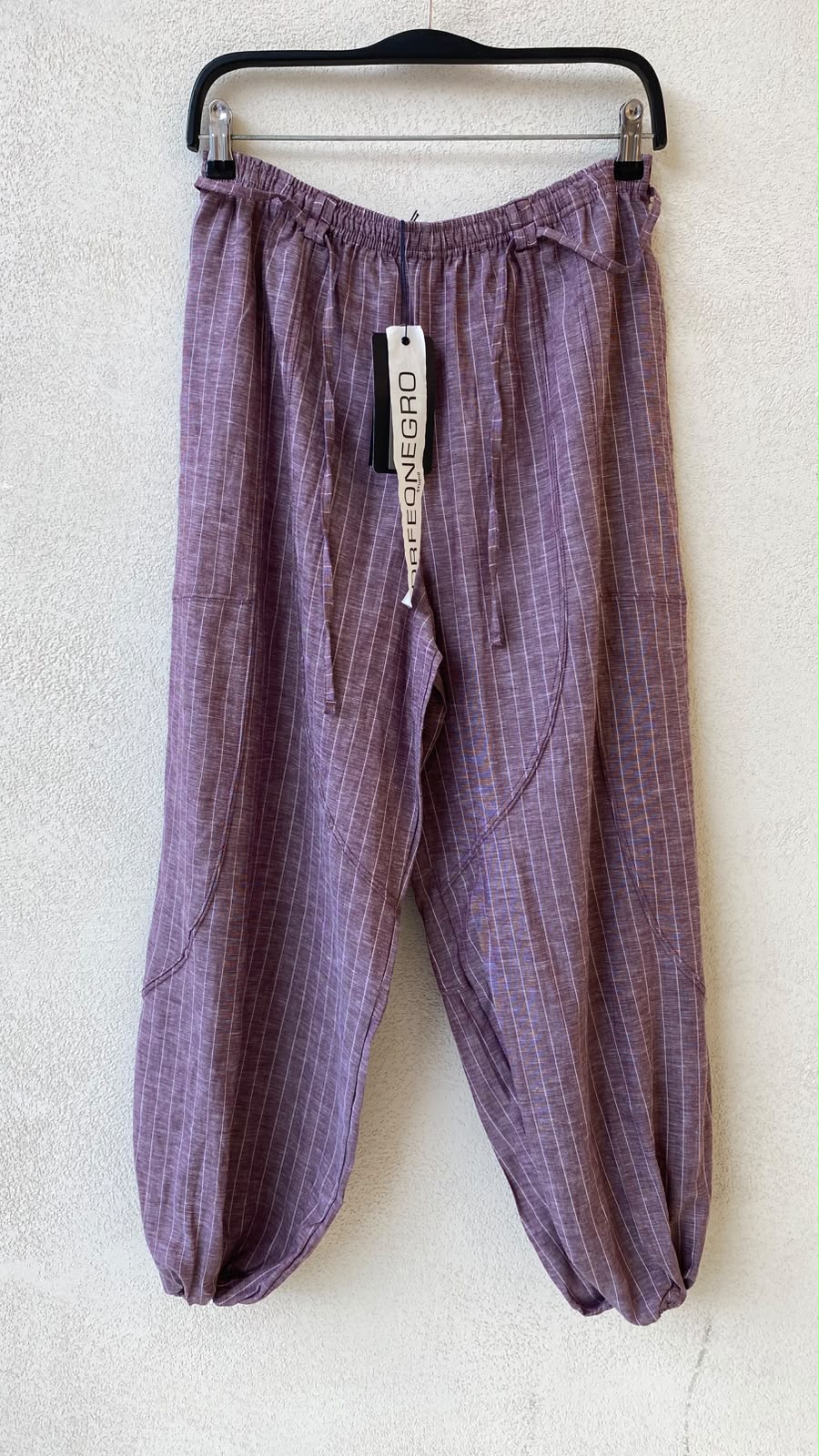 Toptan Çizgili Lastikli Bel ve Paça Tencel Keten Pantolon