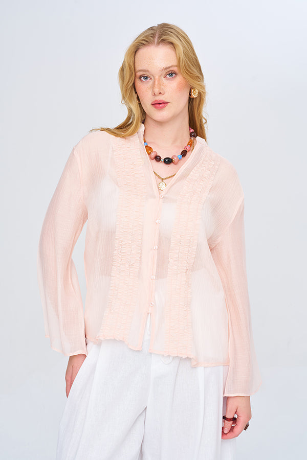 Toptan Fırfırlı Tencel Gömlek Pudra