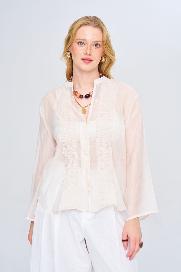Toptan Fırfırlı Tencel Gömlek Taş