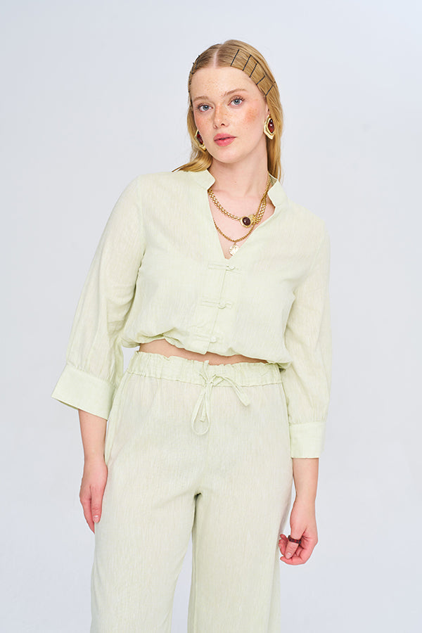 Toptan Pamuk Keten Crop Limon Gömlek