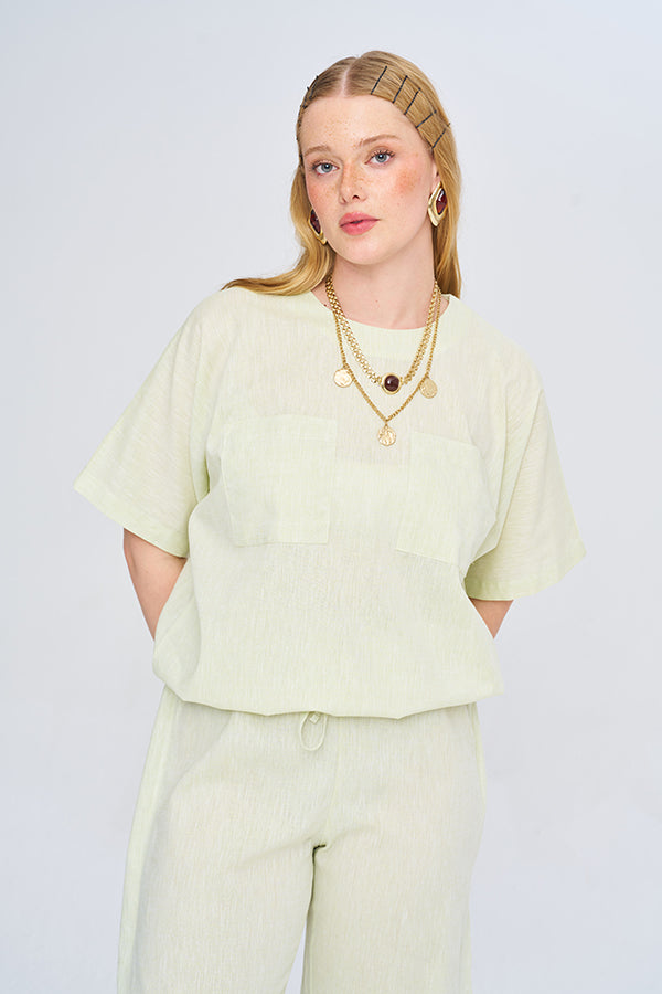 Toptan Pamuk Keten Oversize Cepli Limon Gömlek