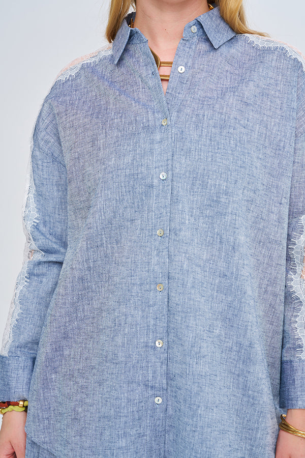 Toptan Dantel Detaylı Keten Gömlek Antrasit