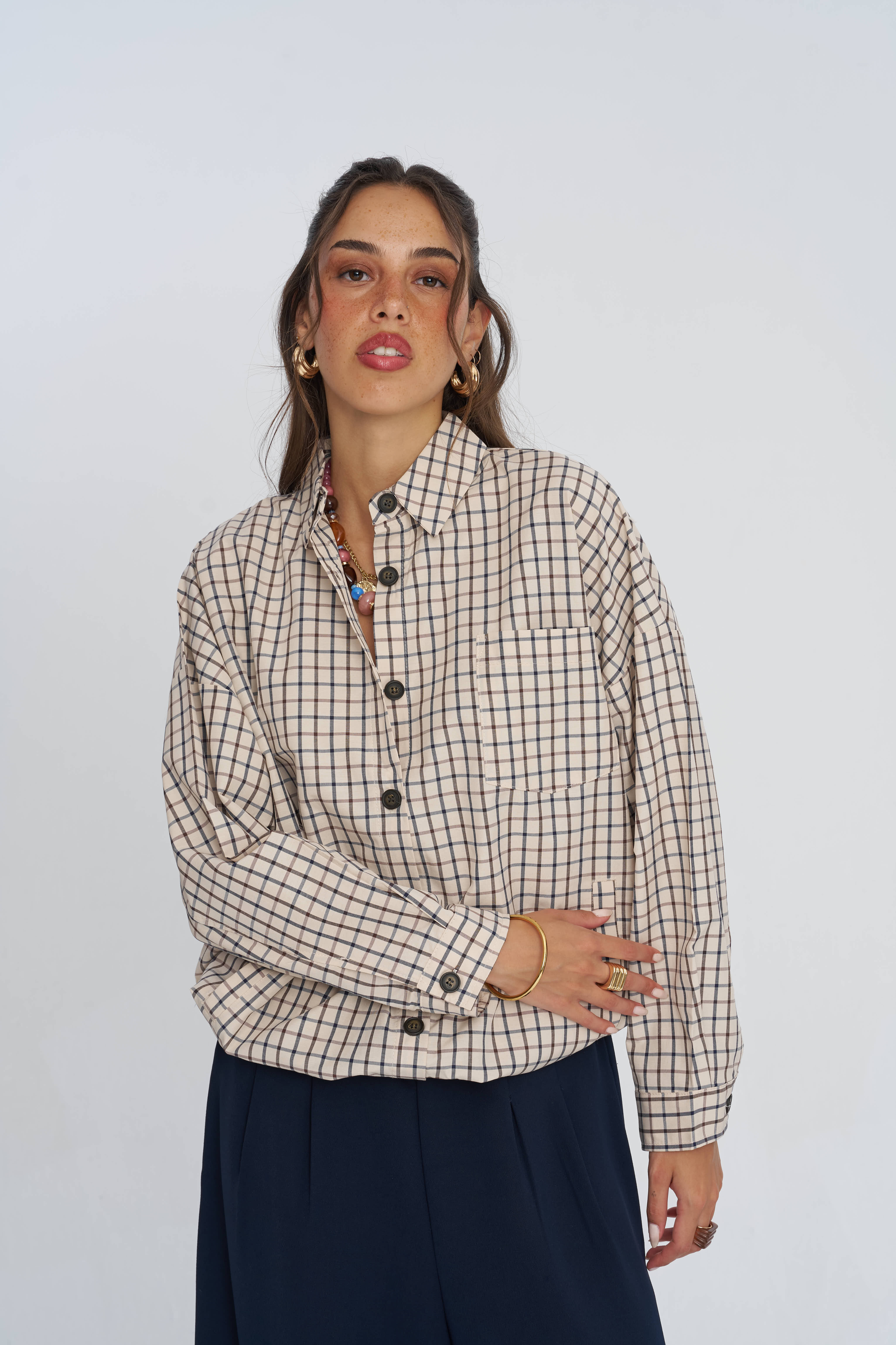 Toptan Ekoseli Oversize Kadın Gömlek
