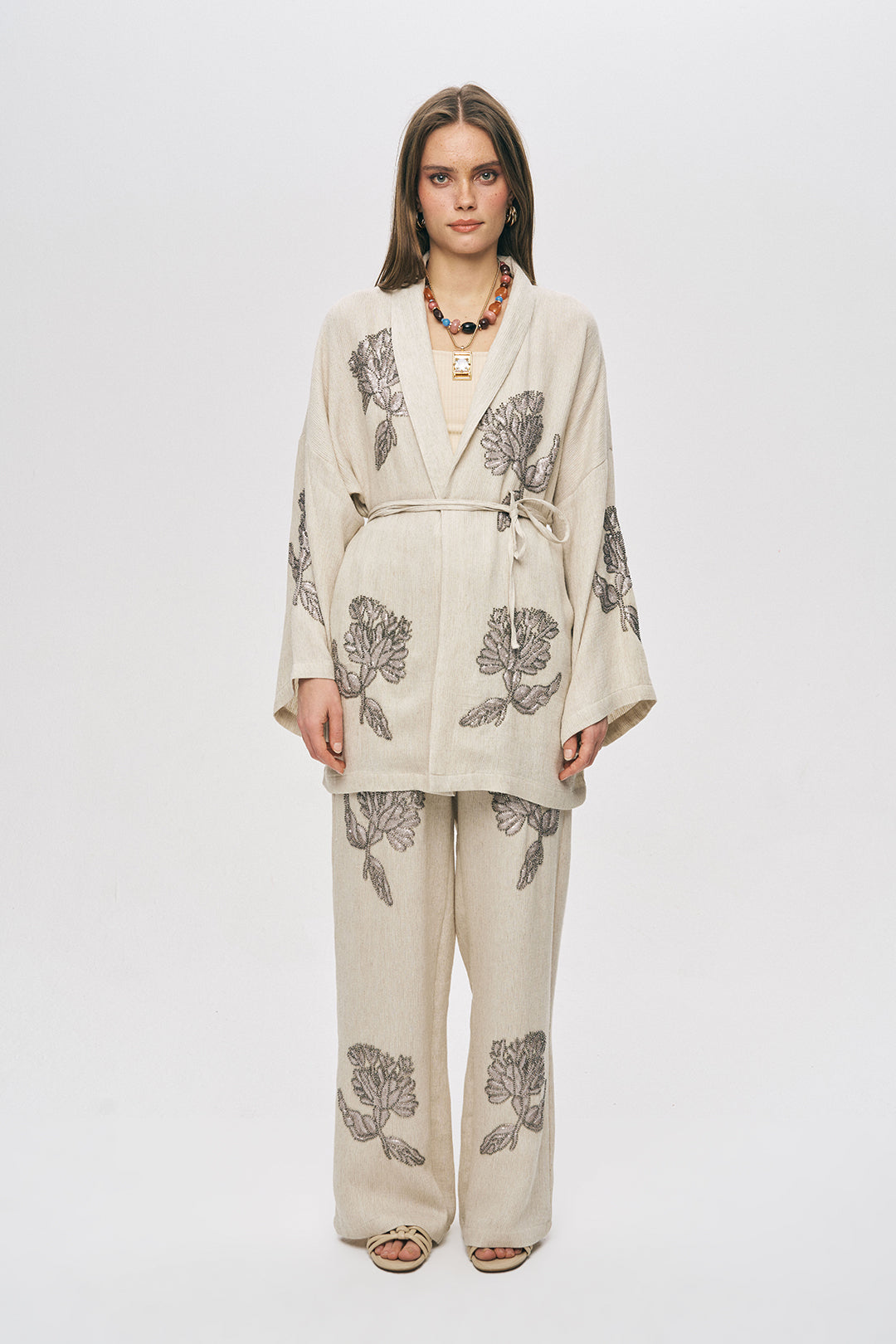 Orfeonegro Zarif Nakış Detaylı Beli İp Bağlamalı Oversize Kimono