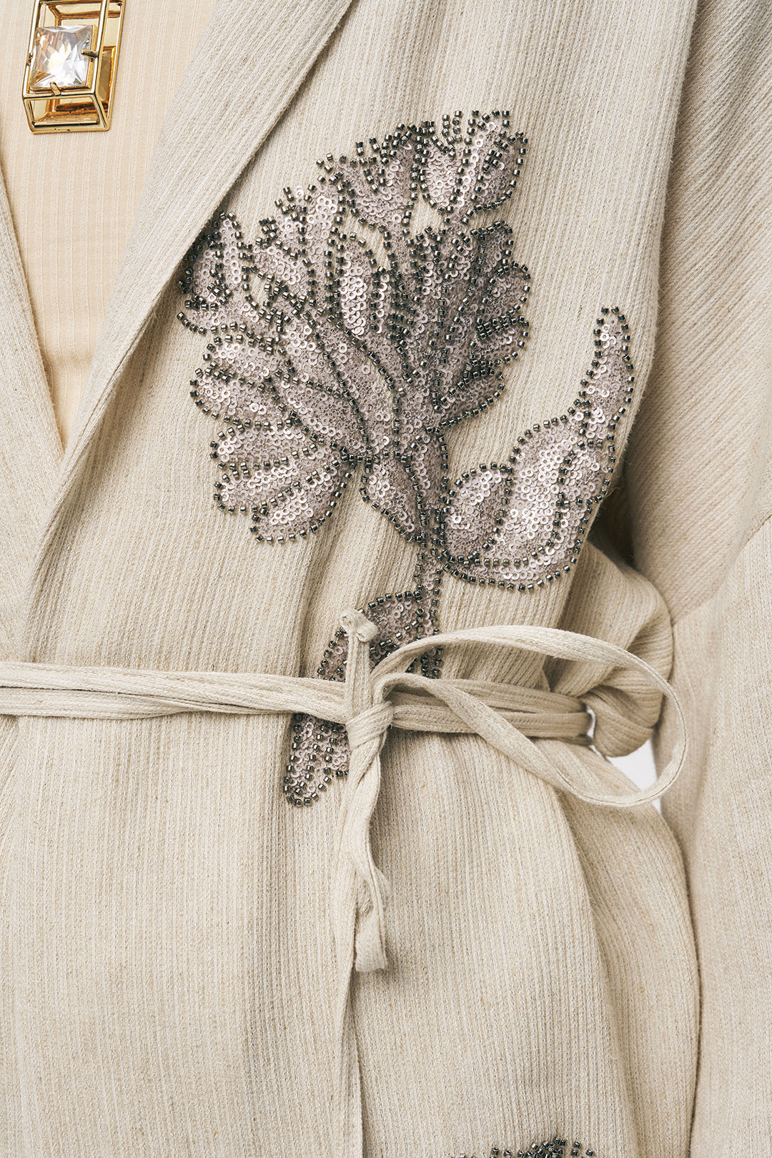 Orfeonegro Zarif Nakış Detaylı Beli İp Bağlamalı Oversize Kimono