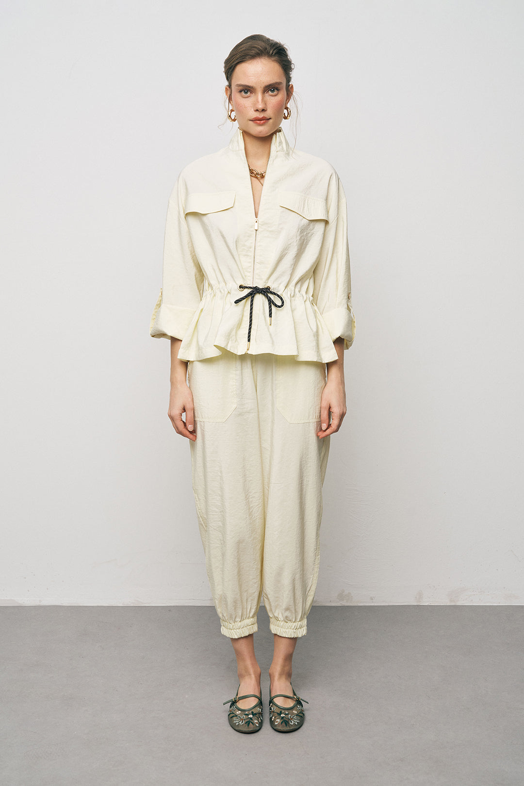 Orfeonegro Beli Büzgülü ve Bağlama Detaylı Sarı Fermuarlı Ceket