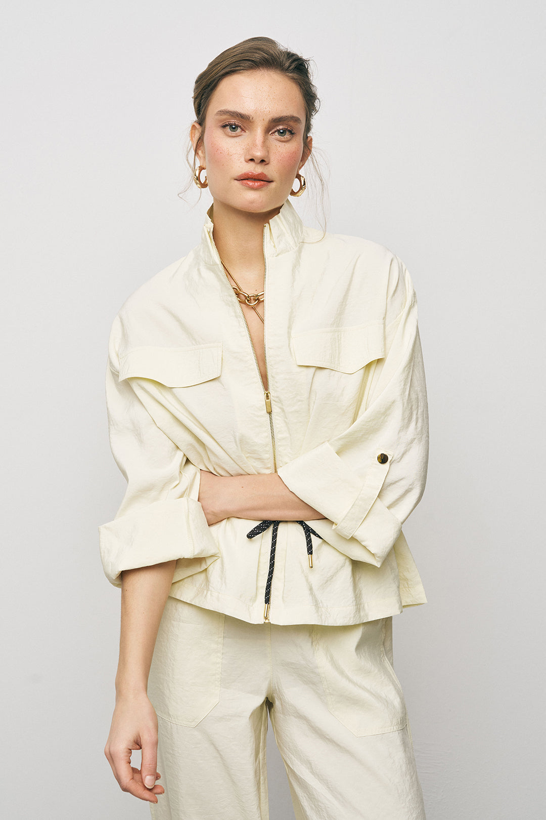 Orfeonegro Beli Büzgülü ve Bağlama Detaylı Sarı Fermuarlı Ceket