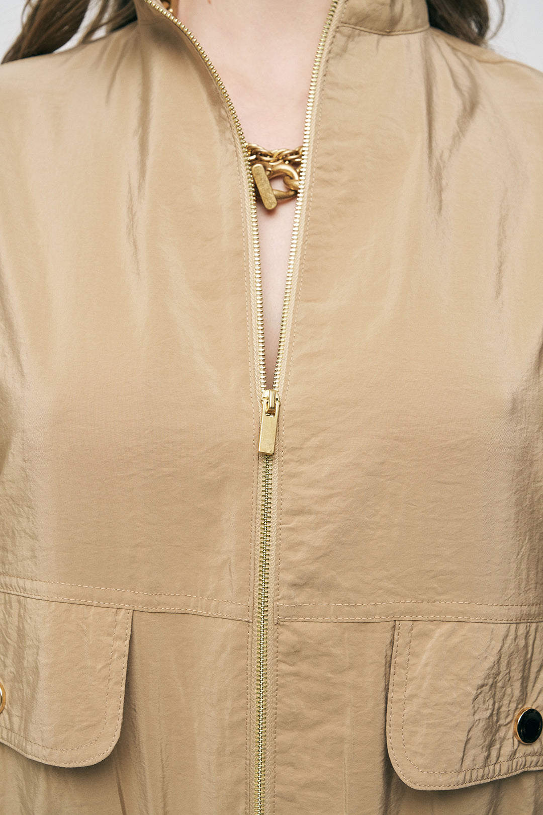 Orfeonegro Beli ve Bileği Lastikli Fermuarlı Bej Ceket