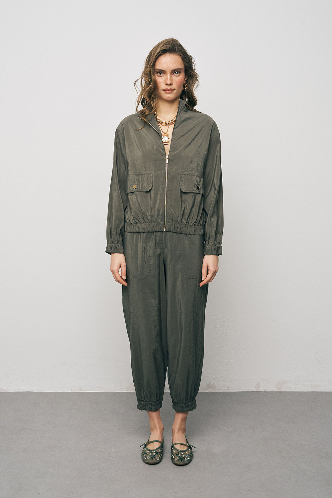 Orfeonegro Beli ve Bileği Lastikli Fermuarlı Haki Ceket