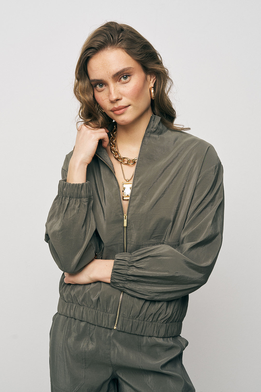 Orfeonegro Beli ve Bileği Lastikli Fermuarlı Haki Ceket