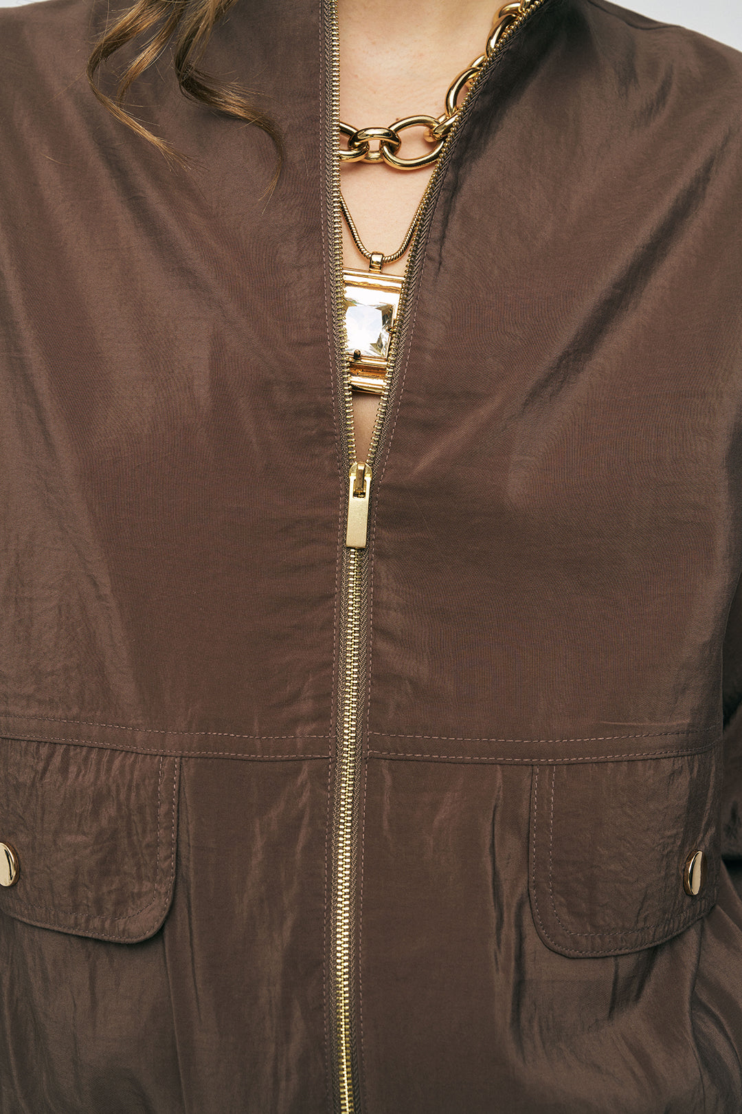 Orfeonegro Beli ve Bileği Lastikli Fermuarlı Kahverengi Ceket