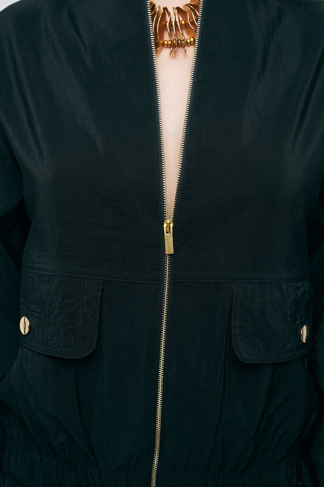 Orfeonegro Beli ve Bileği Lastikli Fermuarlı Siyah Ceket