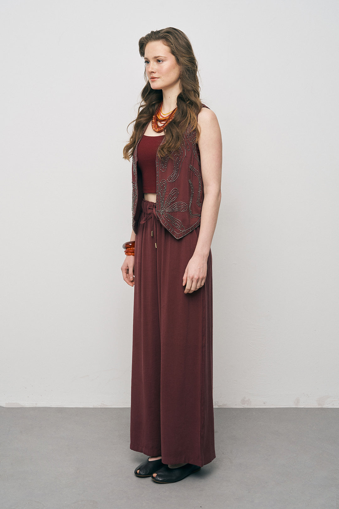 Orfeonegro Boncuk İşlemeli Kısa Bordo Yelek