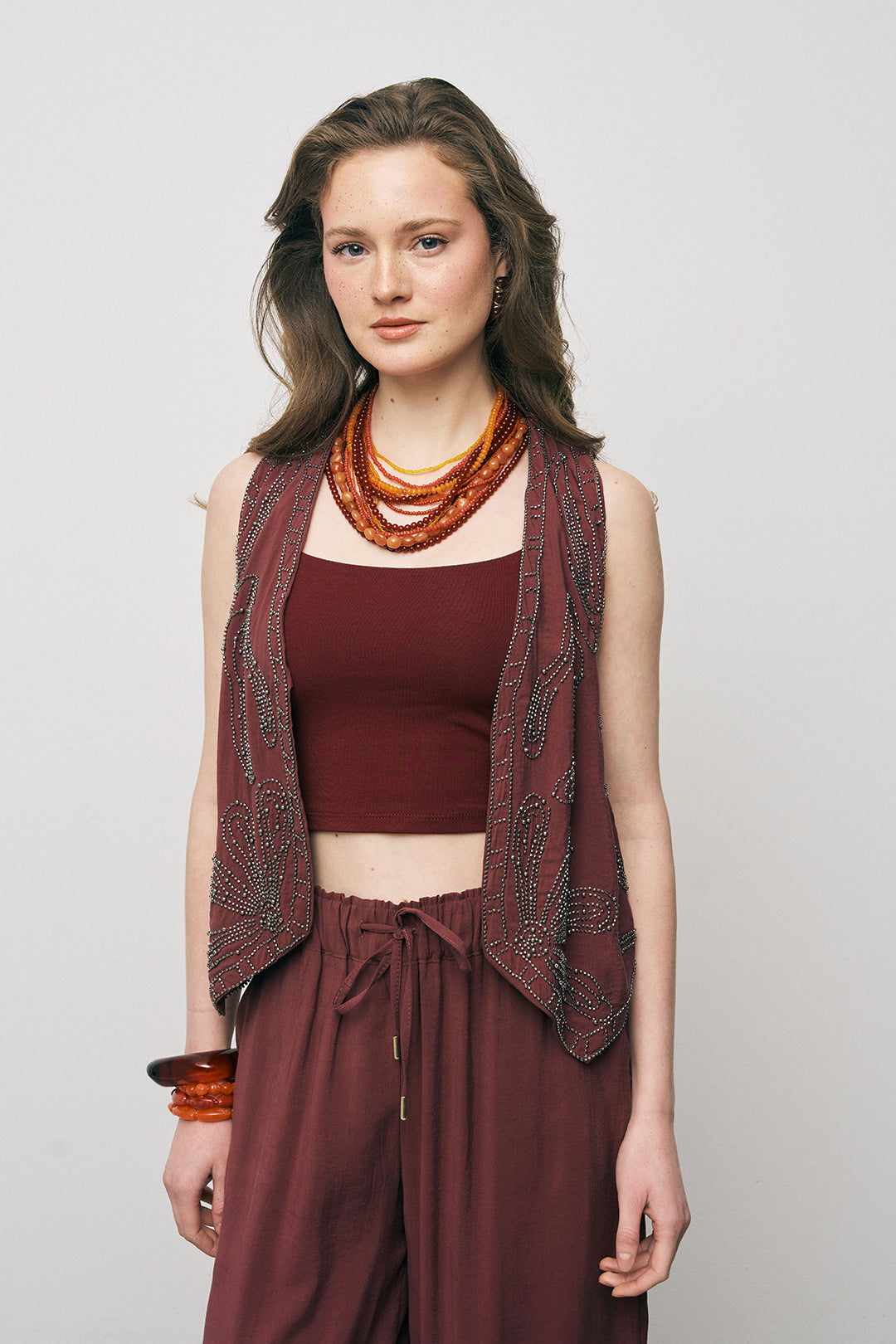 Orfeonegro Boncuk İşlemeli Kısa Bordo Yelek